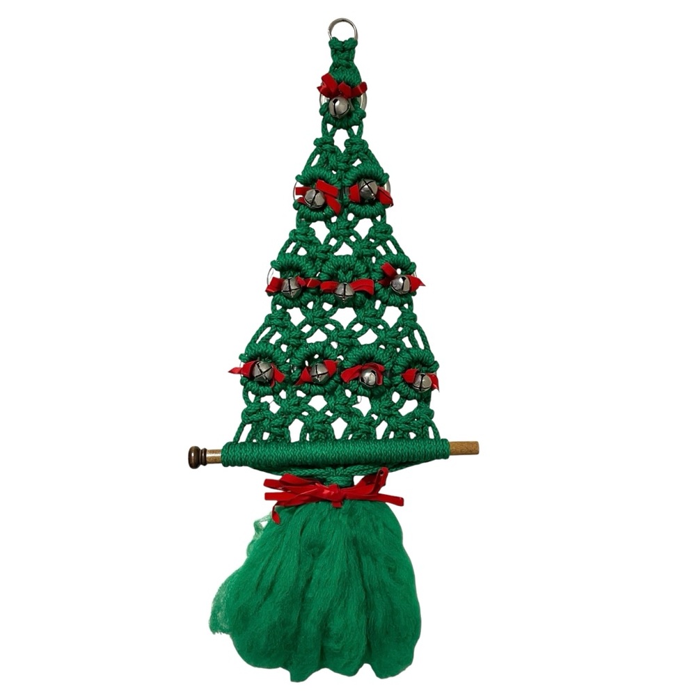 Vintage Macrame Christmas Tree Jingle Bells Wall Hanging